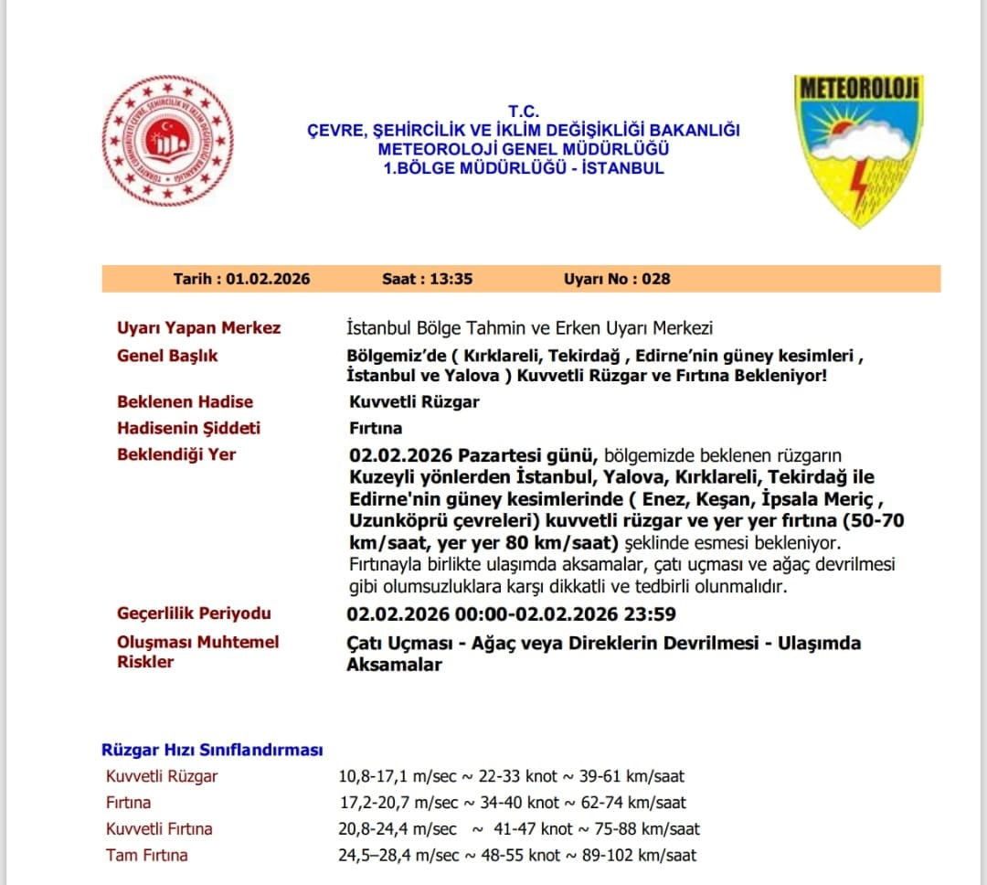 METEOROLOJİ GENEL MÜDÜRLÜĞÜ, KUVVETLİ RÜZGAR VE YER YER FIRTINA BEKLENEN TEKİRDAĞ, EDİRNE VE...